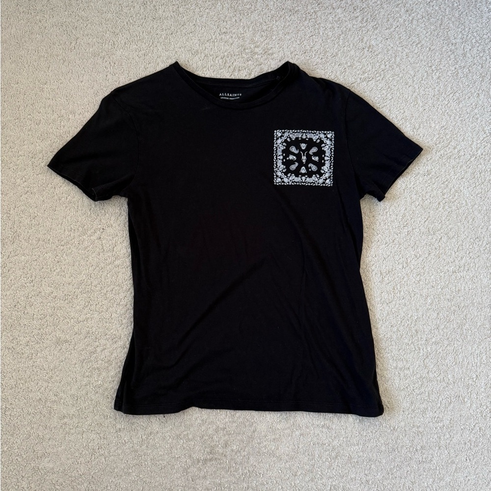 All Saints Black Crewneck Tee with White Bandana Logo Print